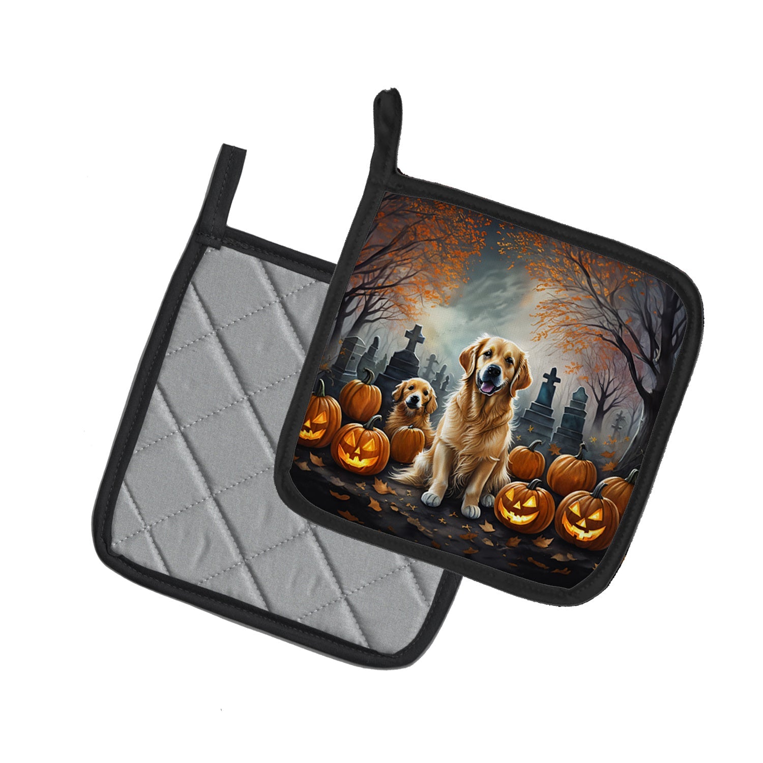 Golden Retriever Spooky Halloween Pair of Pot Holders Kitchen Heat Resistant Pot Holders Sets Oven Hot Pads for Cooking Baking BBQ, 7 1/2 x 7 1/2