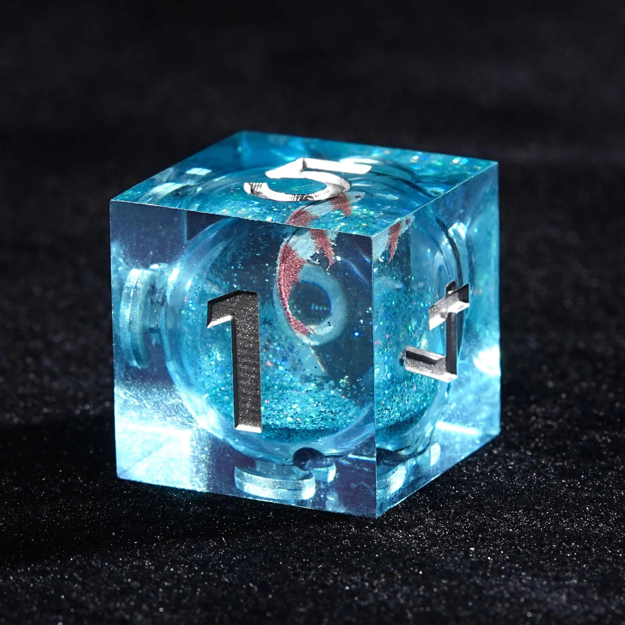 Goldfish Genie - Blue Liquid Core Resin dnd Dice Set + Silver Numbers