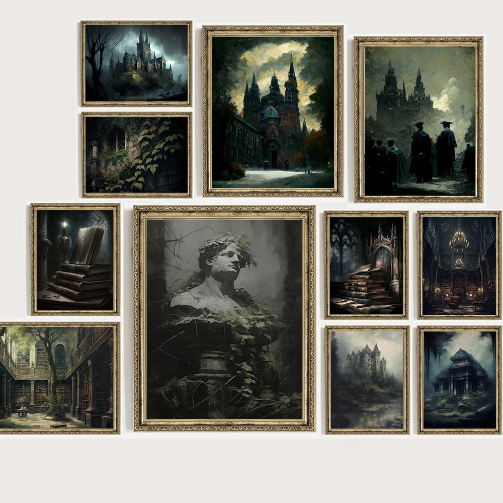 Gothic Retro Home Art Abandoned Cathedral Posters Painting Dark Academic Botanical Aesthetic Canvas Print Wizardry Room Decor