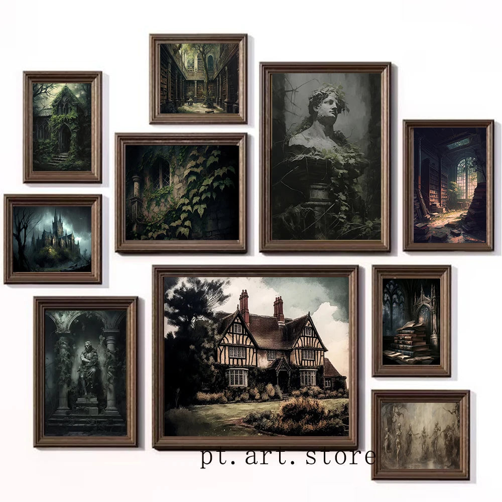 Gothic Retro Home Art Abandoned Cathedral Posters Painting Dark Academic Botanical Aesthetic Canvas Print Wizardry Room Decor