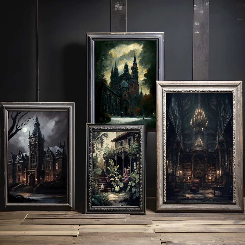 Gothic Retro Home Art Abandoned Cathedral Posters Painting Dark Academic Botanical Aesthetic Canvas Print Wizardry Room Decor