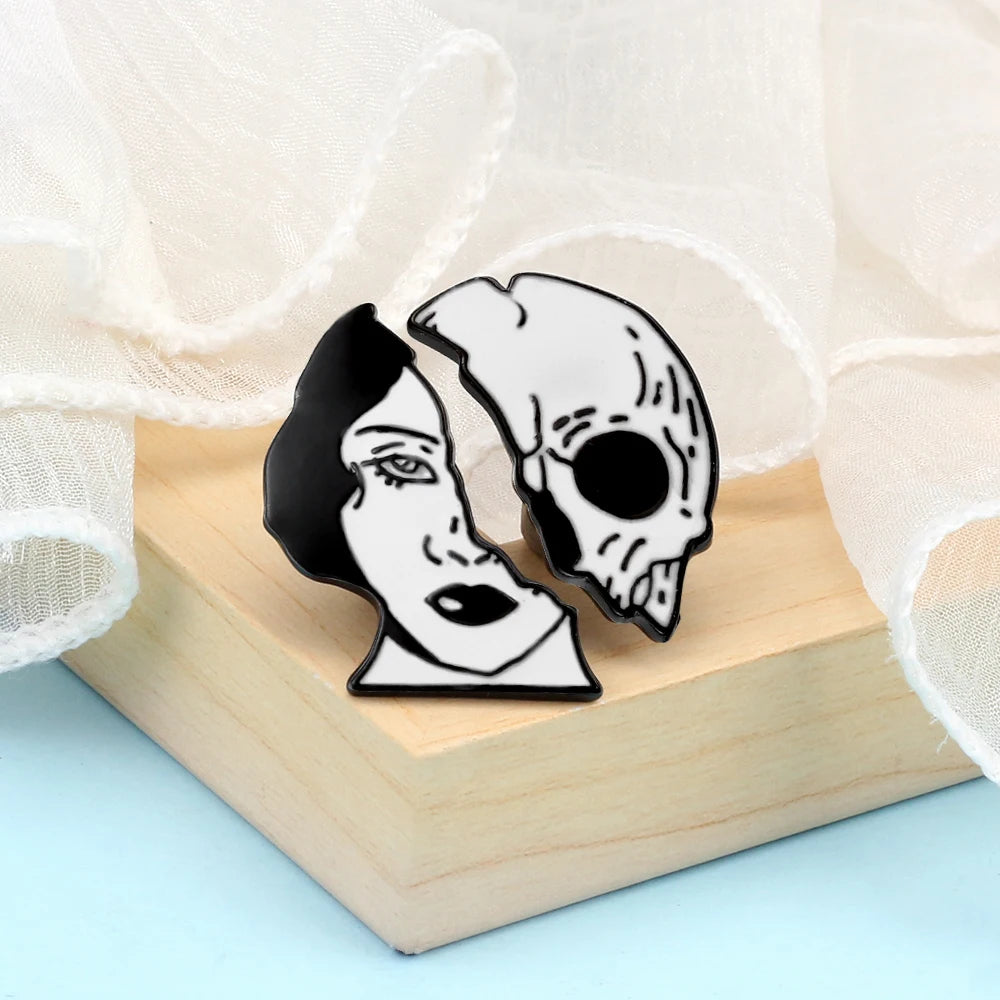 Gothic Skeleton Custom Brooches Enamel Personality Half Women Half Skull Lapel Pin Dark Humor Mystical Men Badge Clothes Jewelry