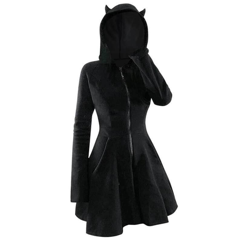 Gothic Black Devil Horn Hooded Dress - Black / S (Bust 96 cm)