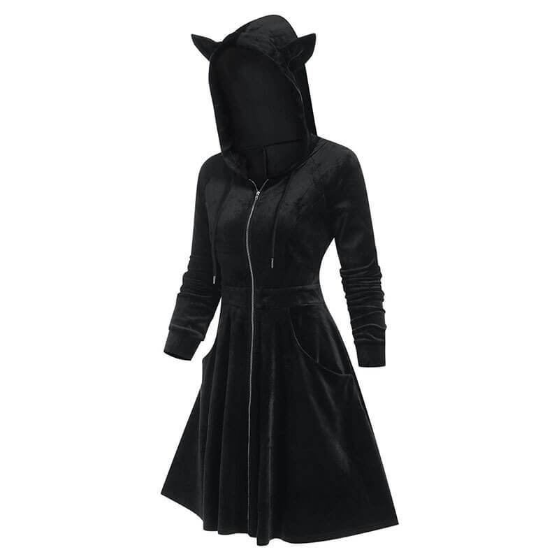 Gothic Black Devil Horn Hooded Dress - Black / S (Bust 96 cm)