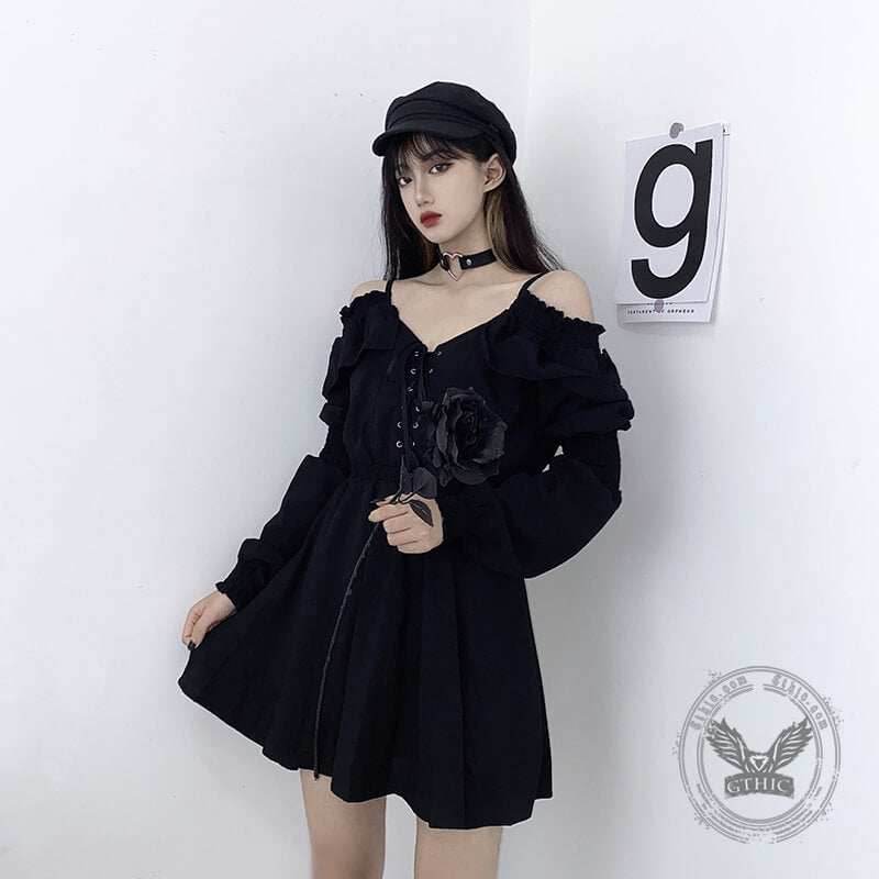 Gothic Black Off-Shoulder Lace Up Mini Dress - Black / M (Bust 100 cm)