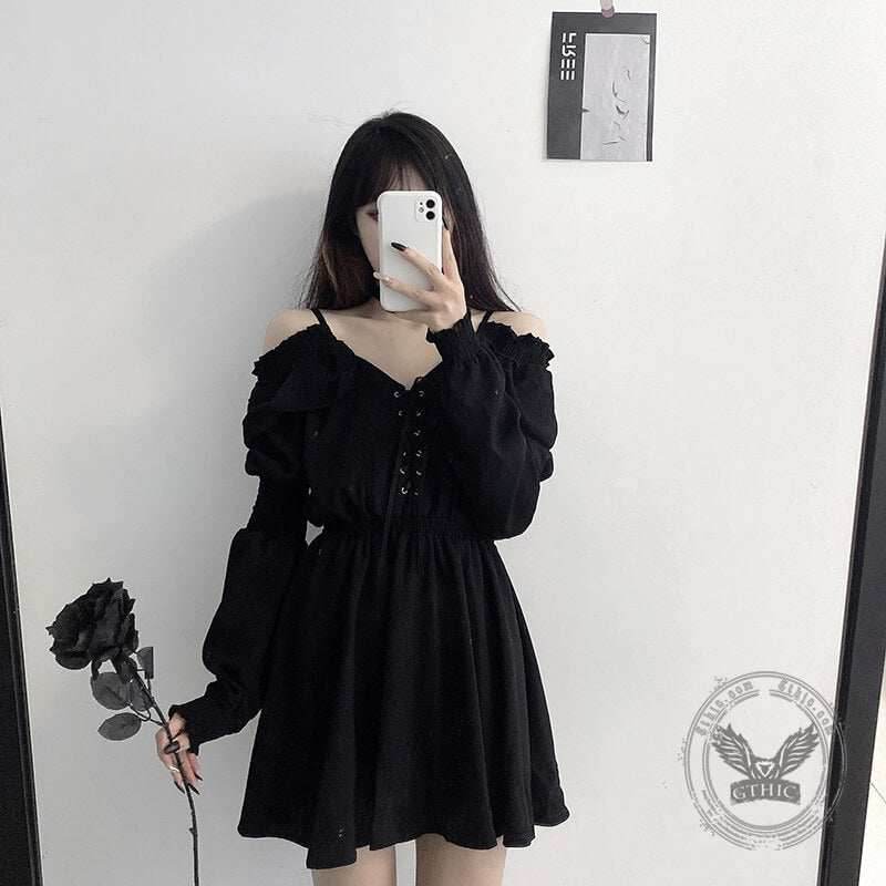 Gothic Black Off-Shoulder Lace Up Mini Dress - Black / M (Bust 100 cm)