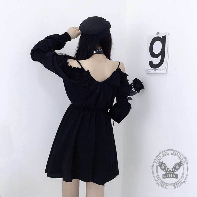 Gothic Black Off-Shoulder Lace Up Mini Dress - Black / M (Bust 100 cm)