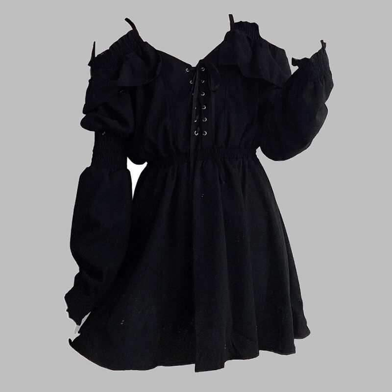 Gothic Black Off-Shoulder Lace Up Mini Dress - Black / M (Bust 100 cm)