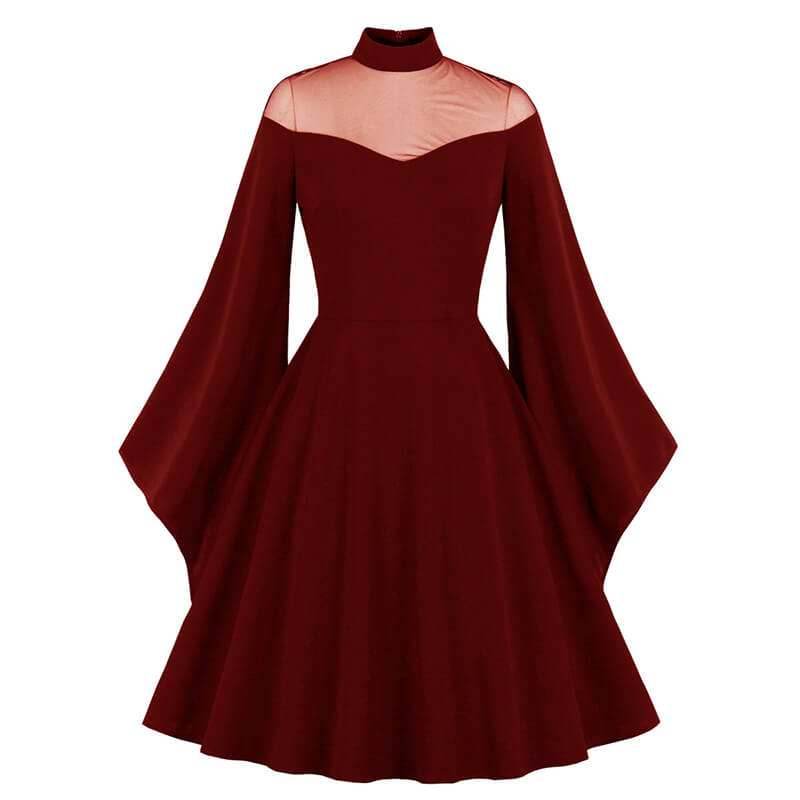 Gothic Mesh Patchwork Flared Sleeve Dress - Claret / S (Bust 88 cm)