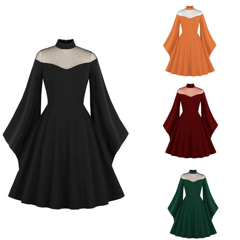 Gothic Mesh Patchwork Flared Sleeve Dress - Claret / S (Bust 88 cm)