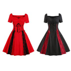 Gothic Solid Color Patchwork Lace Up Dress - Black / S (Bust 90 cm)