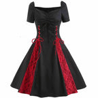 Gothic Solid Color Patchwork Lace Up Dress - Black / S (Bust 90 cm)