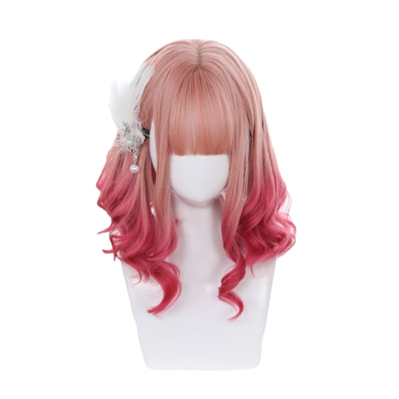 Gradient Pink Lolita Wigs Medium Loose Wave Sweet Harajuku Japanese Cosplay Wig Heat Resistant Synthetic Hair