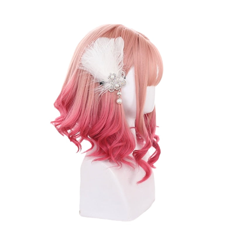 Gradient Pink Lolita Wigs Medium Loose Wave Sweet Harajuku Japanese Cosplay Wig Heat Resistant Synthetic Hair