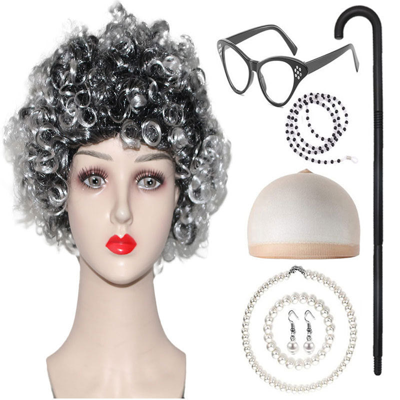 Grandma Curly Hair Gray Grandpa Wig Suit