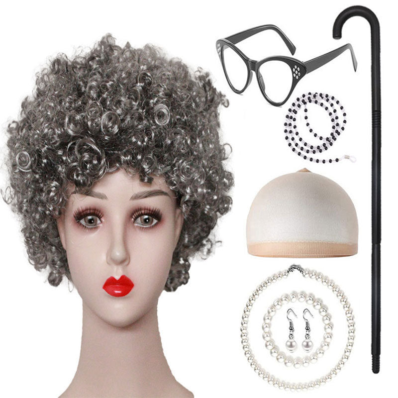 Grandma Curly Hair Gray Grandpa Wig Suit