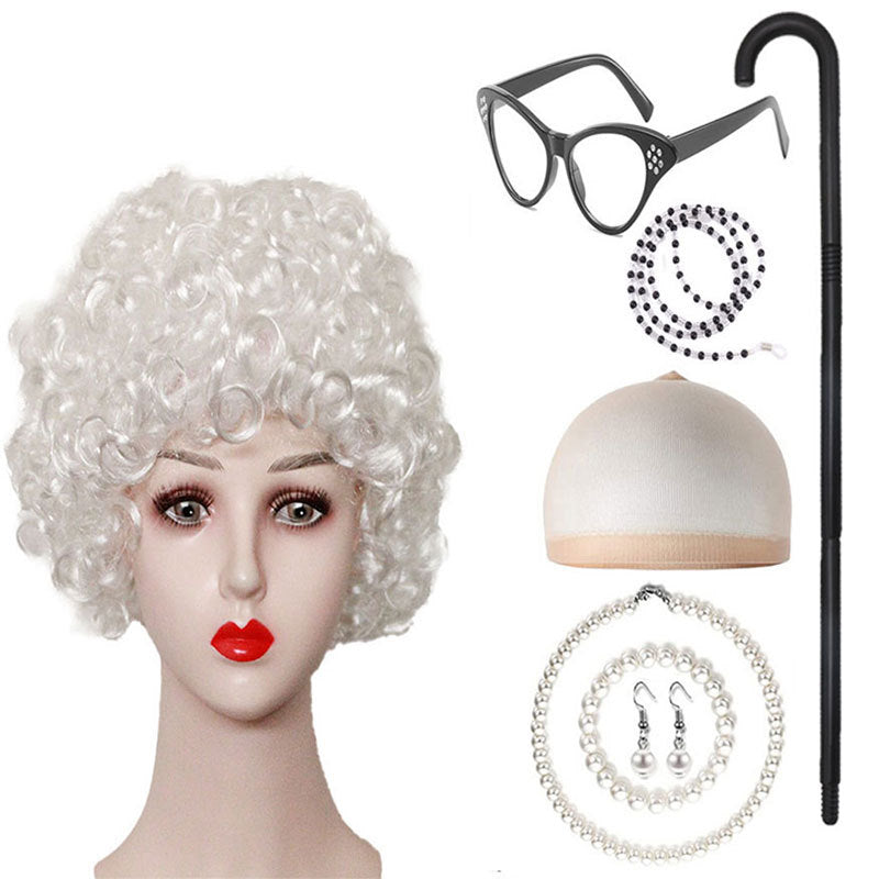 Grandma Curly Hair Gray Grandpa Wig Suit