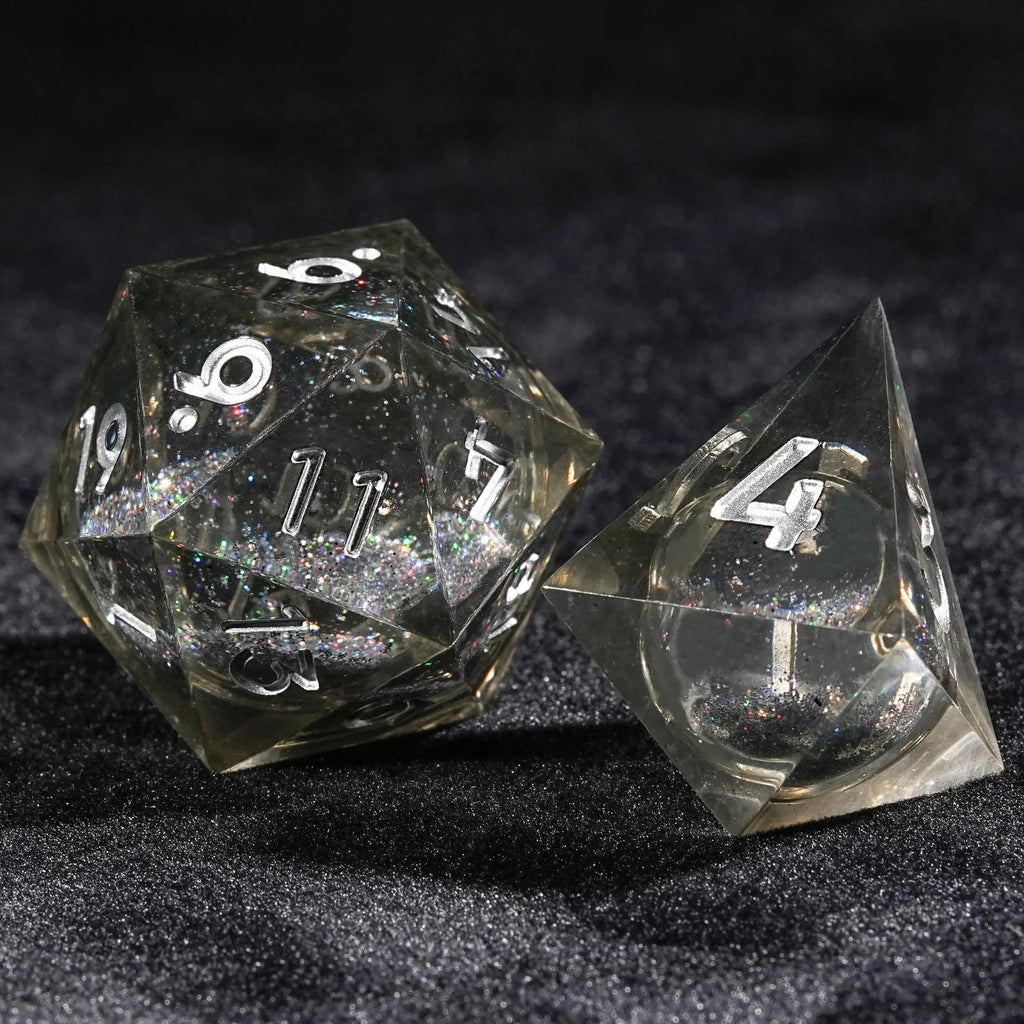 Gray Transparent Color Liquid Core Resin DND Dice Set + Silver Numbers
