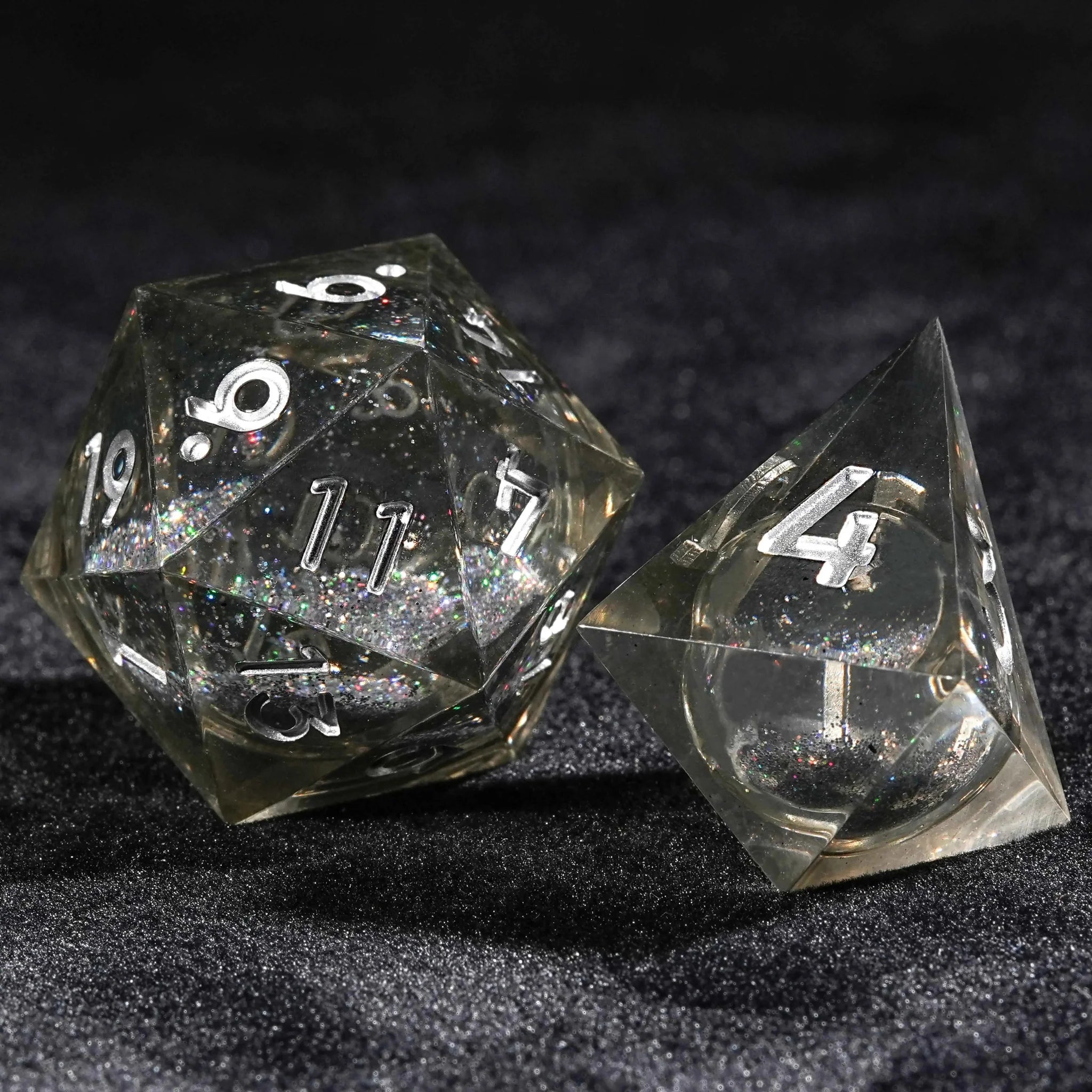 Gray Transparent Color Liquid Core Resin DND Dice Set + Silver Numbers