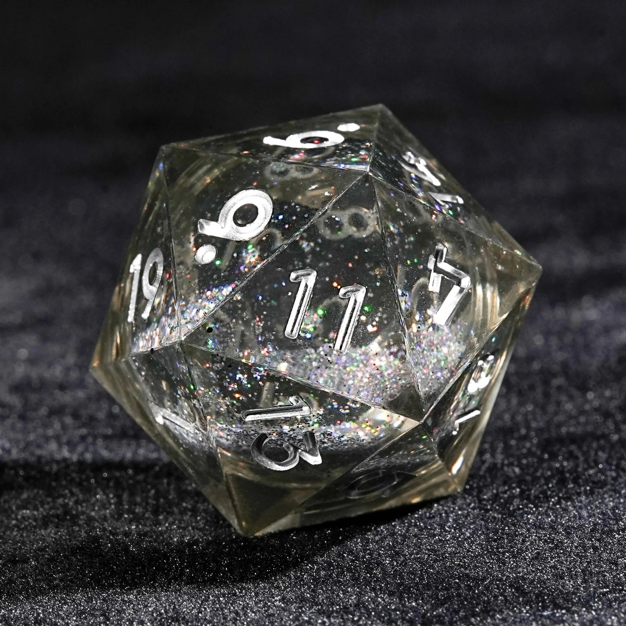 Gray Transparent Color Liquid Core Resin DND Dice Set + Silver Numbers