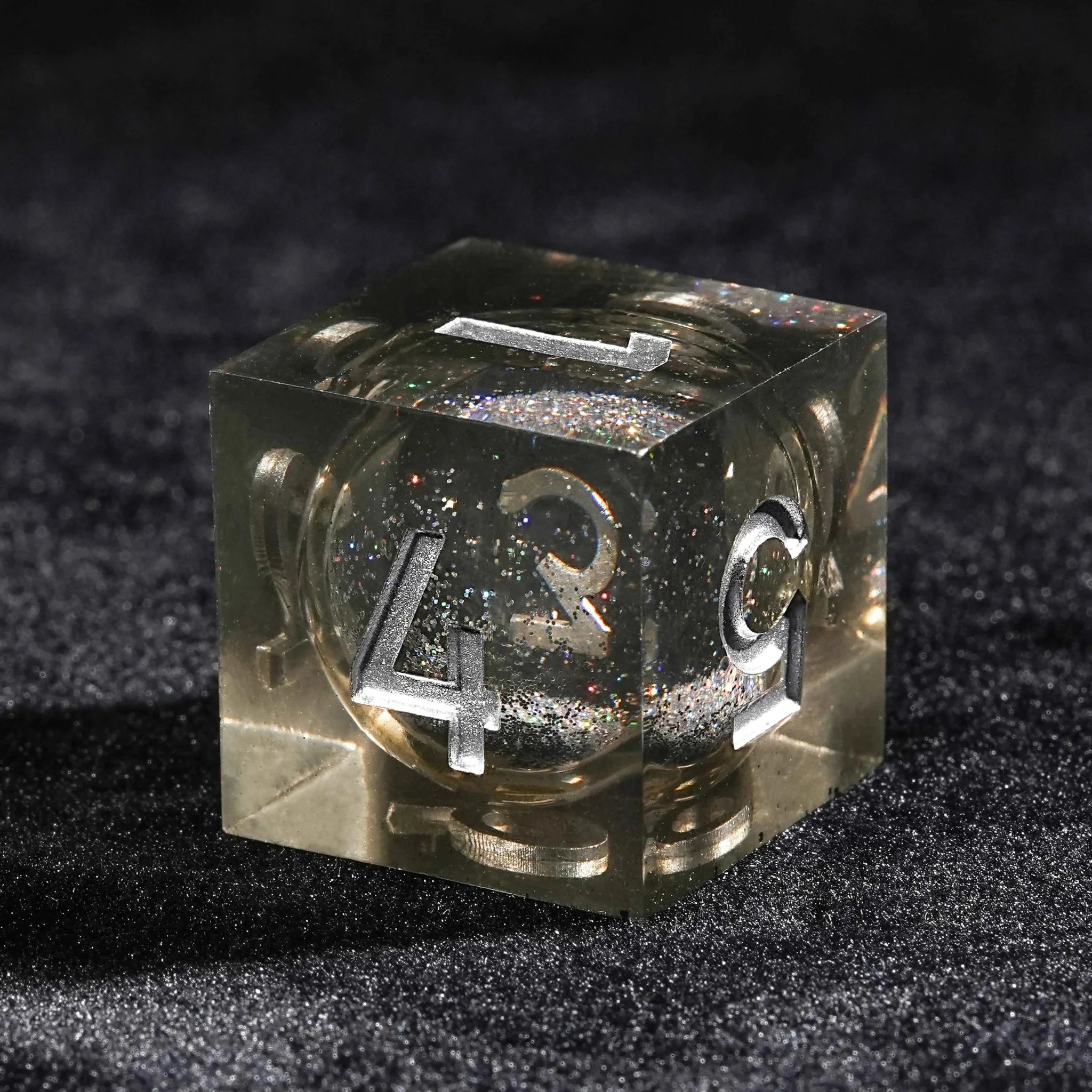 Gray Transparent Color Liquid Core Resin DND Dice Set + Silver Numbers