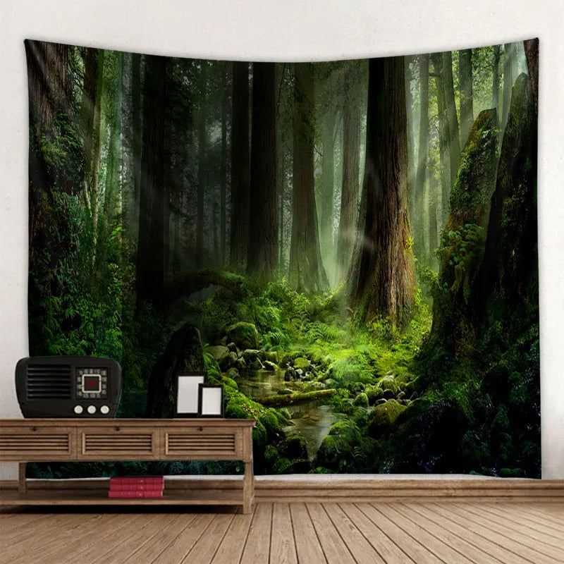 Green jungle tapestry beautiful natural forest large wall hanging hippie bohemian mandala wall art home decoration 8 sizes