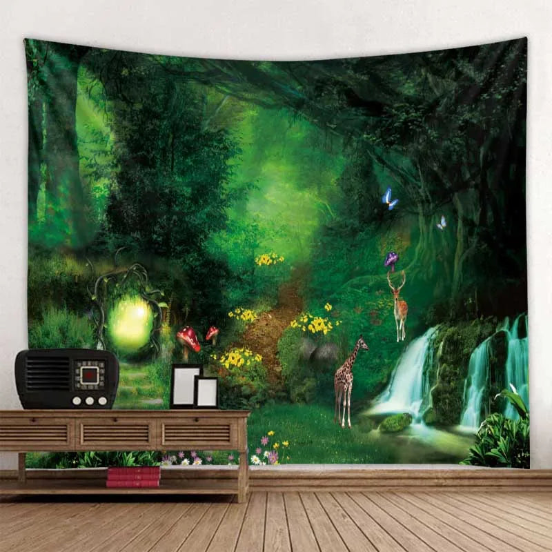 Green jungle tapestry beautiful natural forest large wall hanging hippie bohemian mandala wall art home decoration 8 sizes