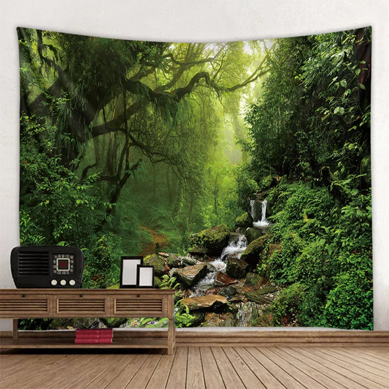 Green jungle tapestry beautiful natural forest large wall hanging hippie bohemian mandala wall art home decoration 8 sizes