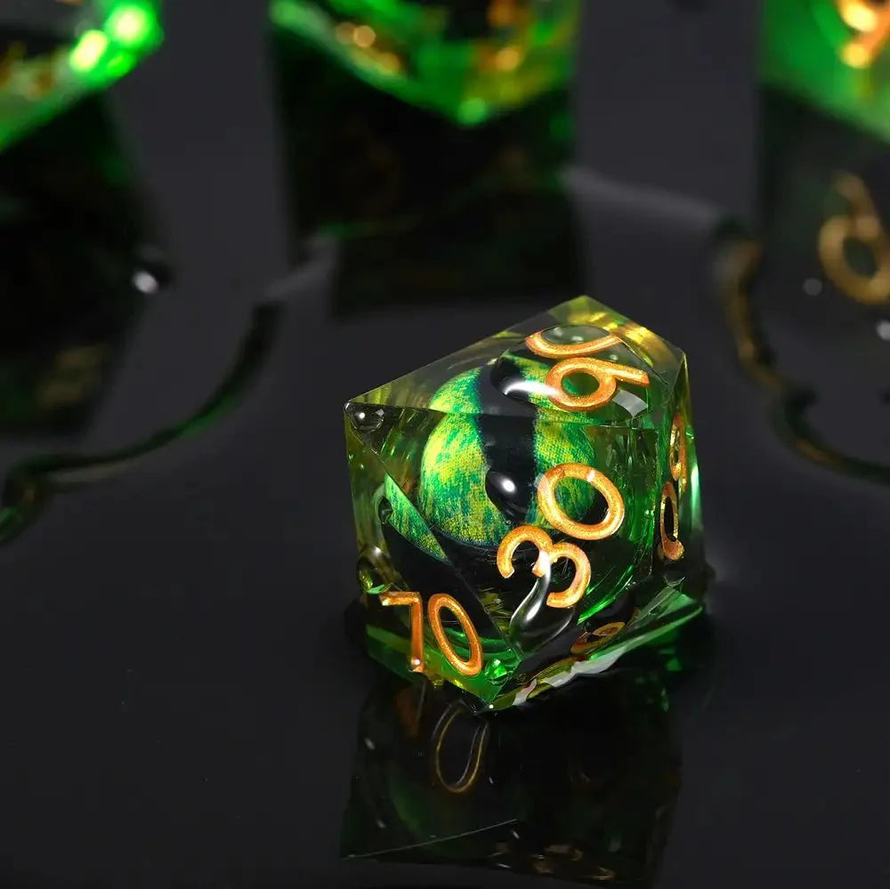 Green Sharp Edge Liquid Core Dragon Eye Resin DND Dice Set + Gold Font