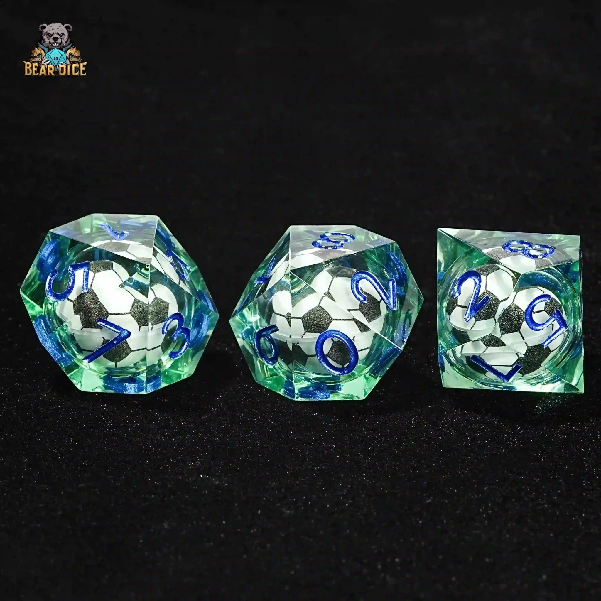 Green transparent resin D10 dice: liquid core soccer ball 10 sided dice