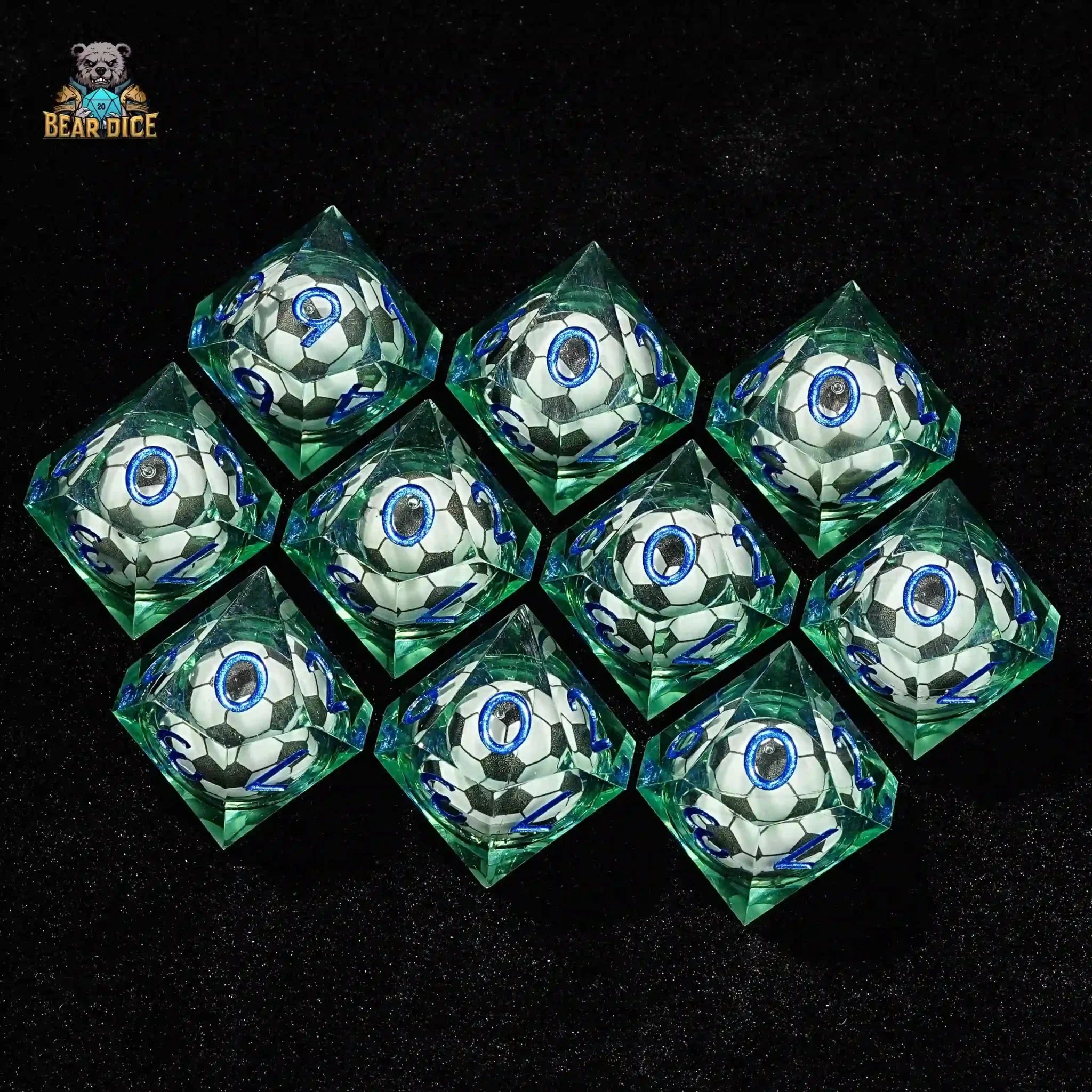 Green transparent resin D10 dice: liquid core soccer ball 10 sided dice