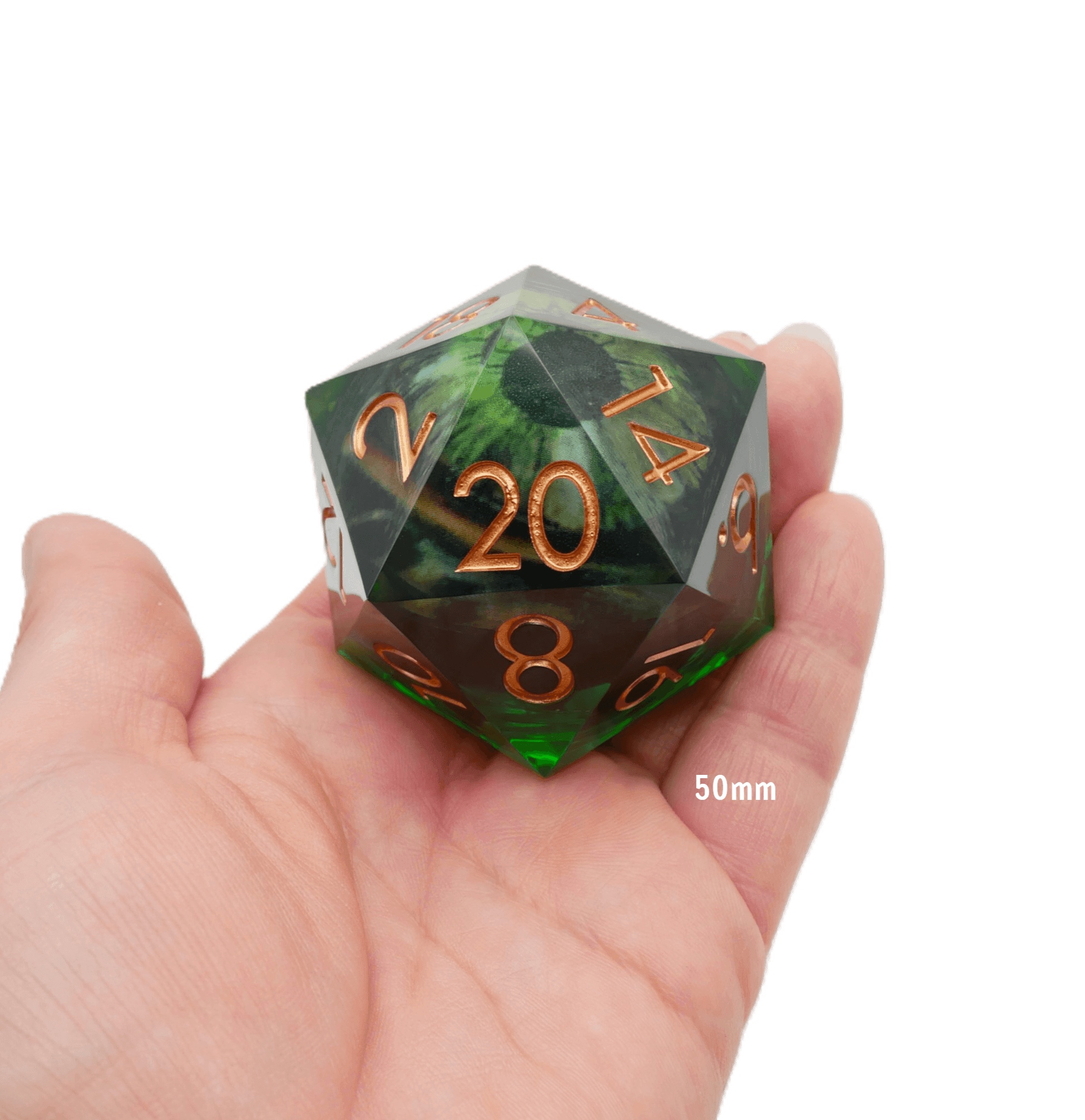 Green Slaadi's Eye - Giant D20 Moving Eye DnD Dice | Acrylic RPG Gaming Dice - 50mm Super Chonk