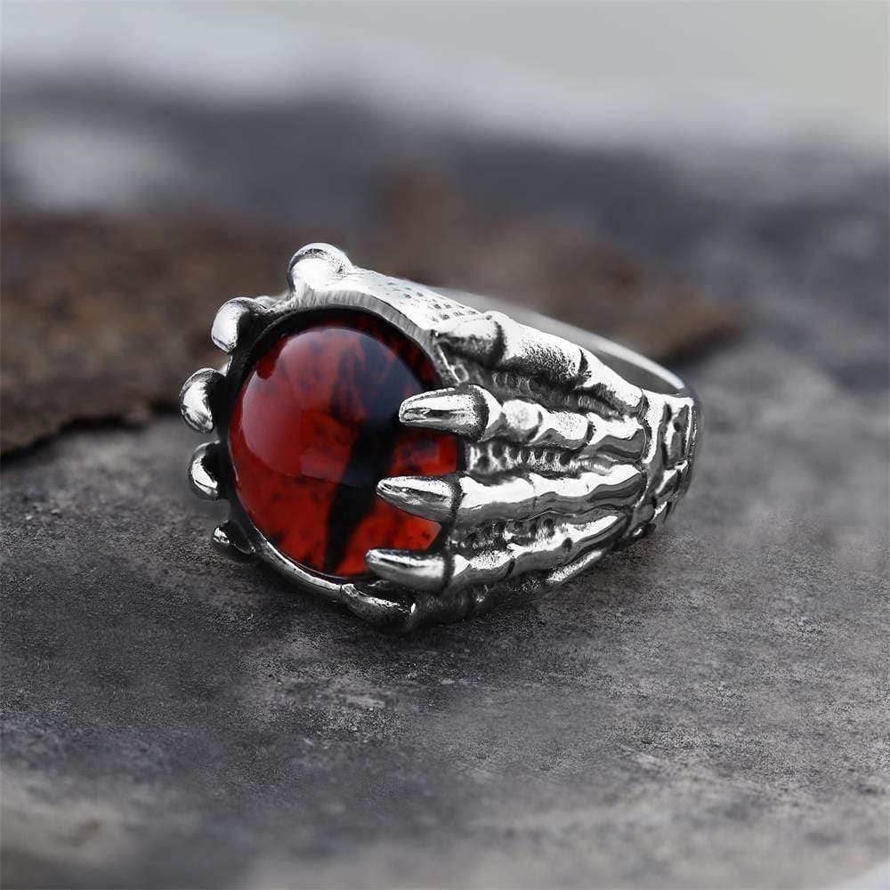 Dragon Eye Stainless Steel Skull Claw Ring - Red / 7