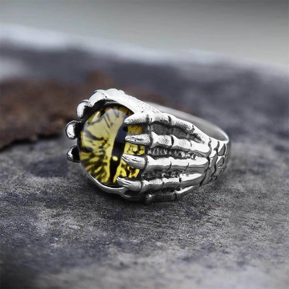 Dragon Eye Stainless Steel Skull Claw Ring - Yellow / 7