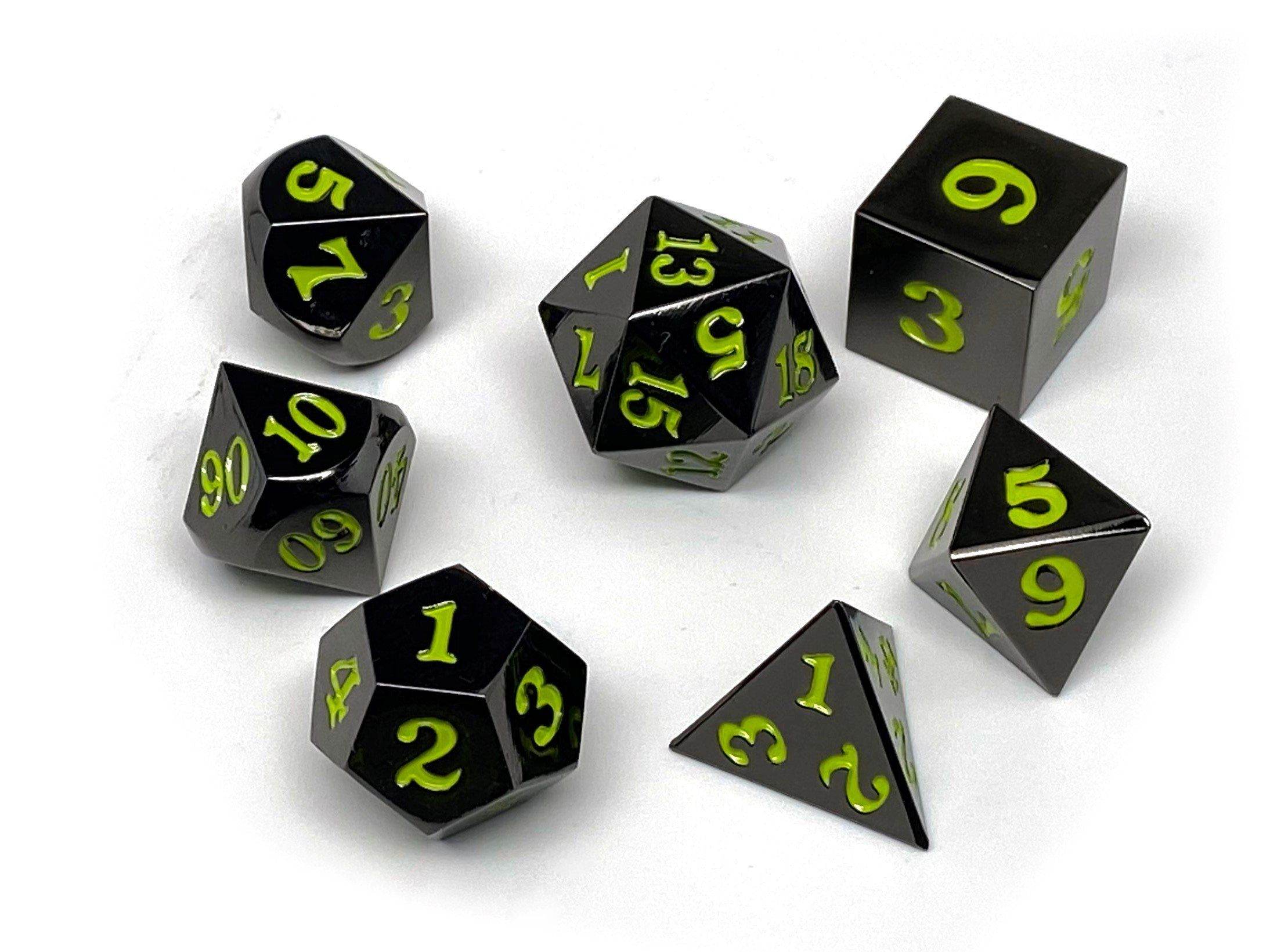 Gun Metal 7 Piece Dice Set - Signature Font - Lime - 