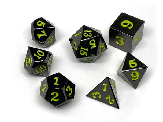 Gun Metal 7 Piece Dice Set - Signature Font - Lime