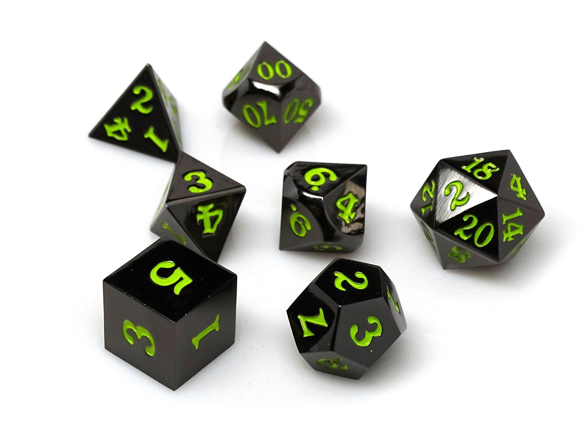 Gun Metal 7 Piece Dice Set - Signature Font - Lime