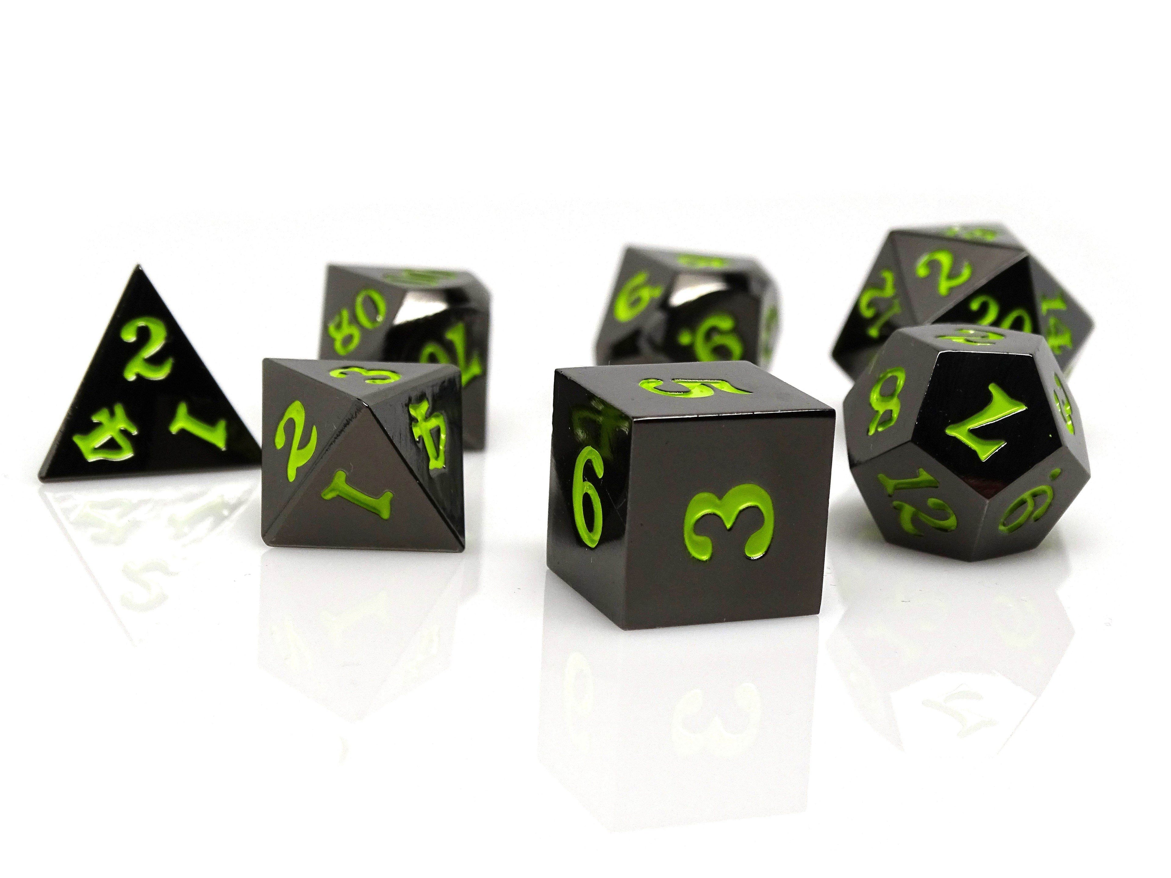 Gun Metal 7 Piece Dice Set - Signature Font - Lime - 