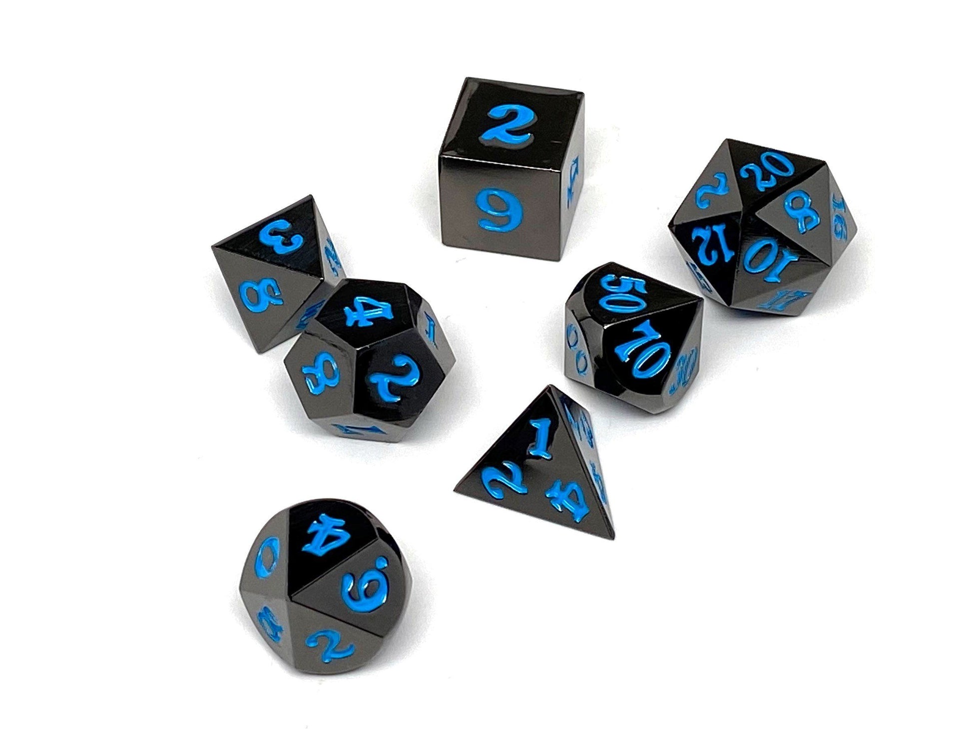 Gun Metal 7 Piece Dice Set - Signature Font - Powder Blue