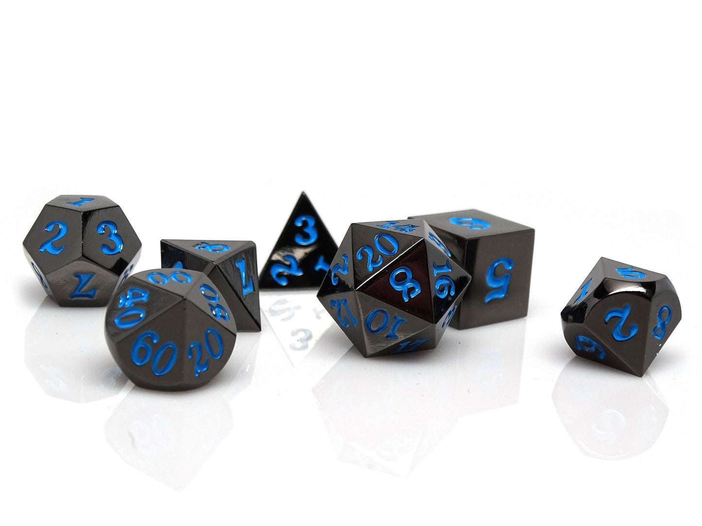 Gun Metal 7 Piece Dice Set - Signature Font - Powder Blue