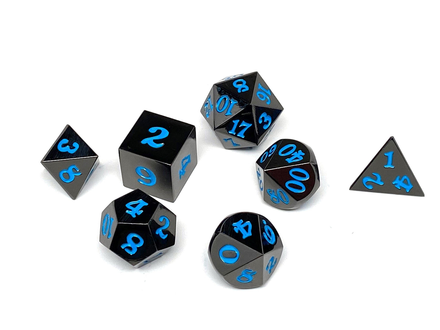 Gun Metal 7 Piece Dice Set - Signature Font - Powder Blue