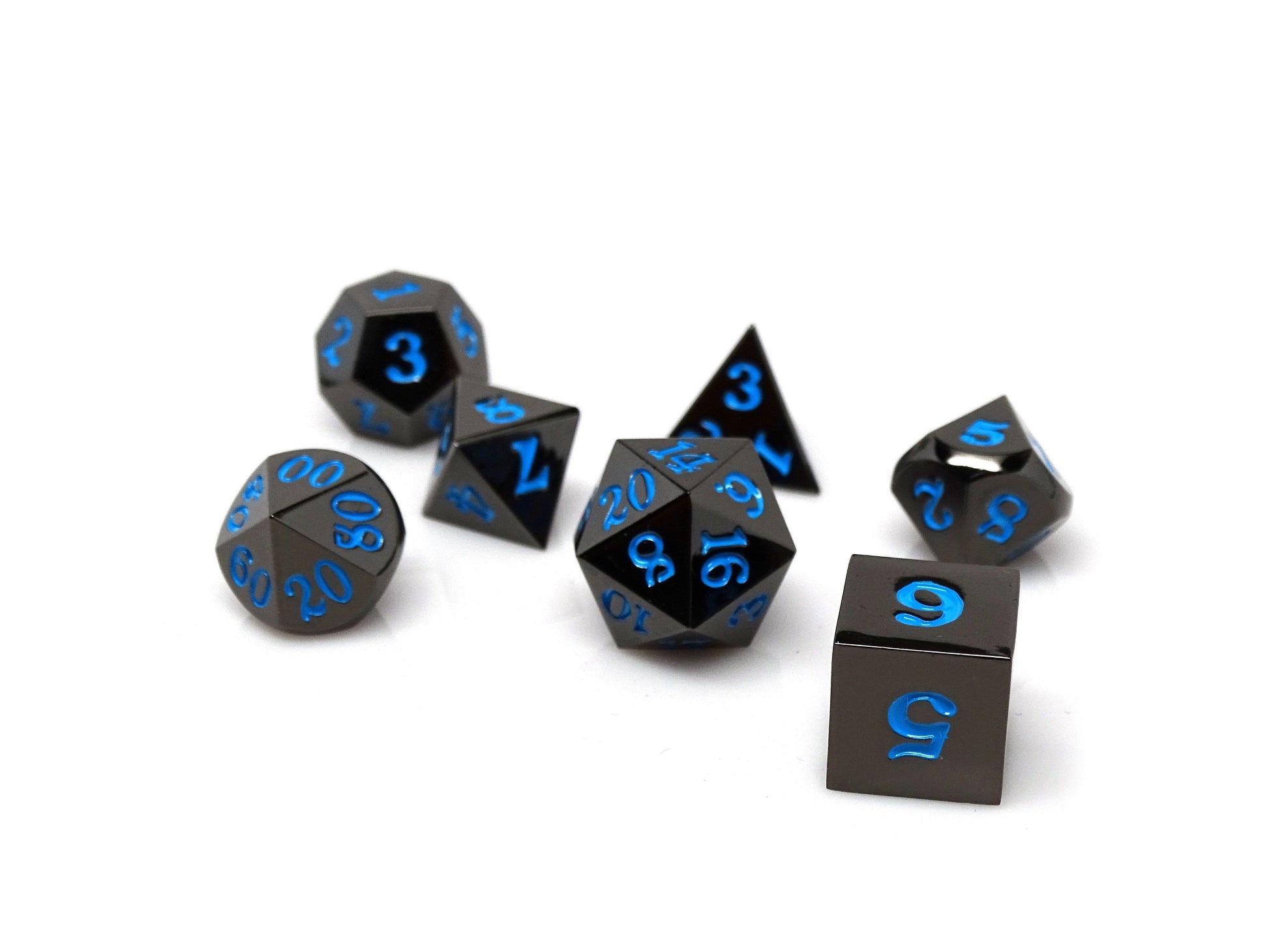 Gun Metal 7 Piece Dice Set - Signature Font - Powder Blue