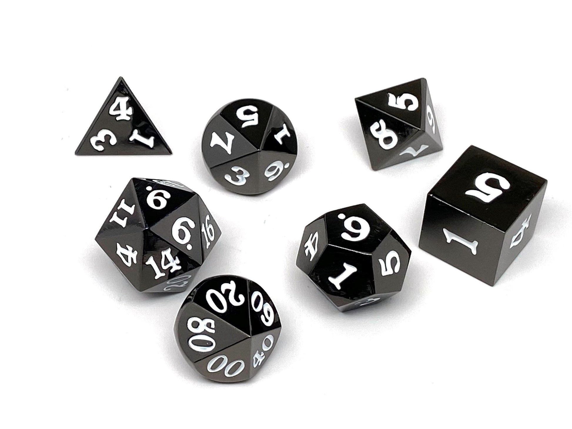 Gun Metal 7 Piece Dice Set - Signature Font - White