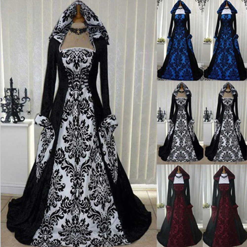 Halloween Costume Wicca Witch Medieval Dress Women Adult Plus Size Gothic Hooded Printed Maxi Robe Victorian Renaissance Outfit