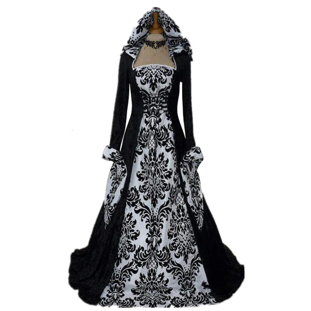 Halloween Costume Wicca Witch Medieval Dress Women Adult Plus Size Gothic Hooded Printed Maxi Robe Victorian Renaissance Outfit