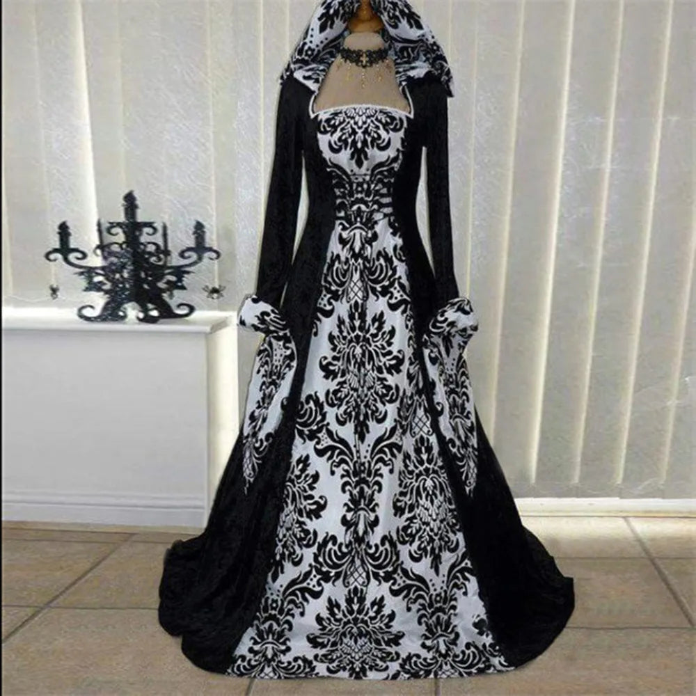 Halloween Costume Wicca Witch Medieval Dress Women Adult Plus Size Gothic Hooded Printed Maxi Robe Victorian Renaissance Outfit