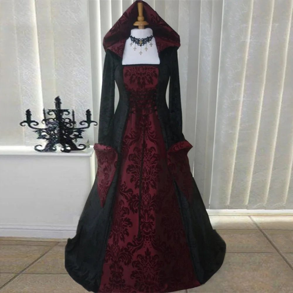 Halloween Costume Wicca Witch Medieval Dress Women Adult Plus Size Gothic Hooded Printed Maxi Robe Victorian Renaissance Outfit