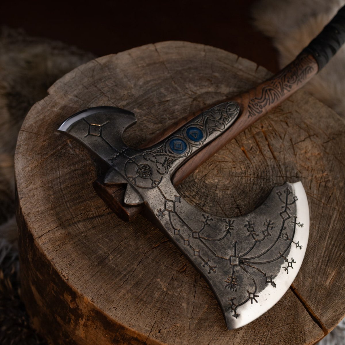 Hand-forged "Ragnarok Kratos axe" with carved handle and Luminescent Glow-in-the-Dark Runes