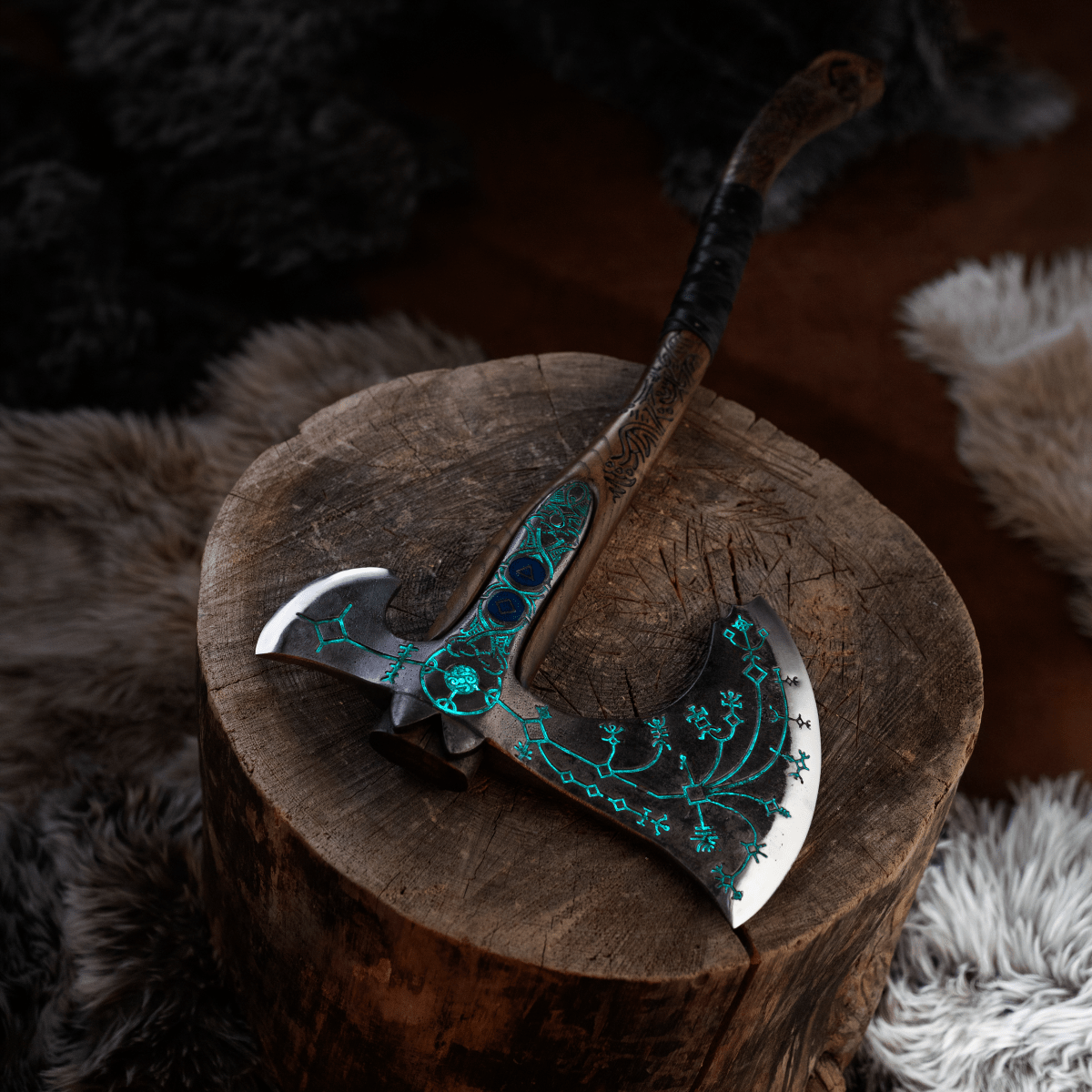 Hand-forged "Ragnarok Kratos axe" with carved handle and Luminescent Glow-in-the-Dark Runes