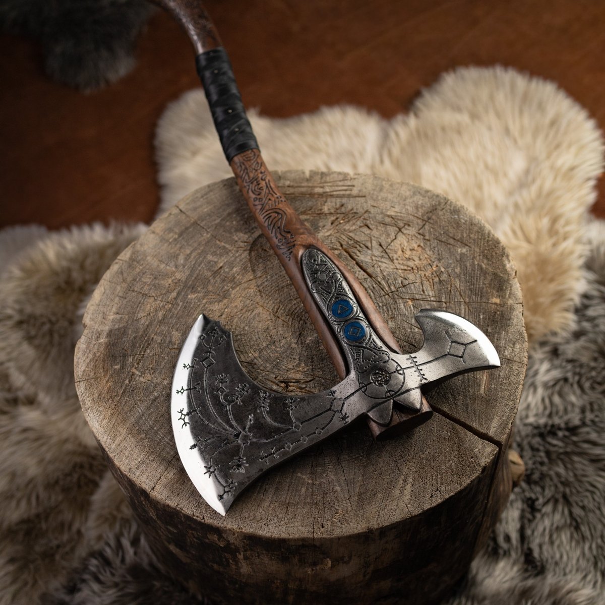 Hand-forged "Ragnarok Kratos axe" with carved handle and Luminescent Glow-in-the-Dark Runes
